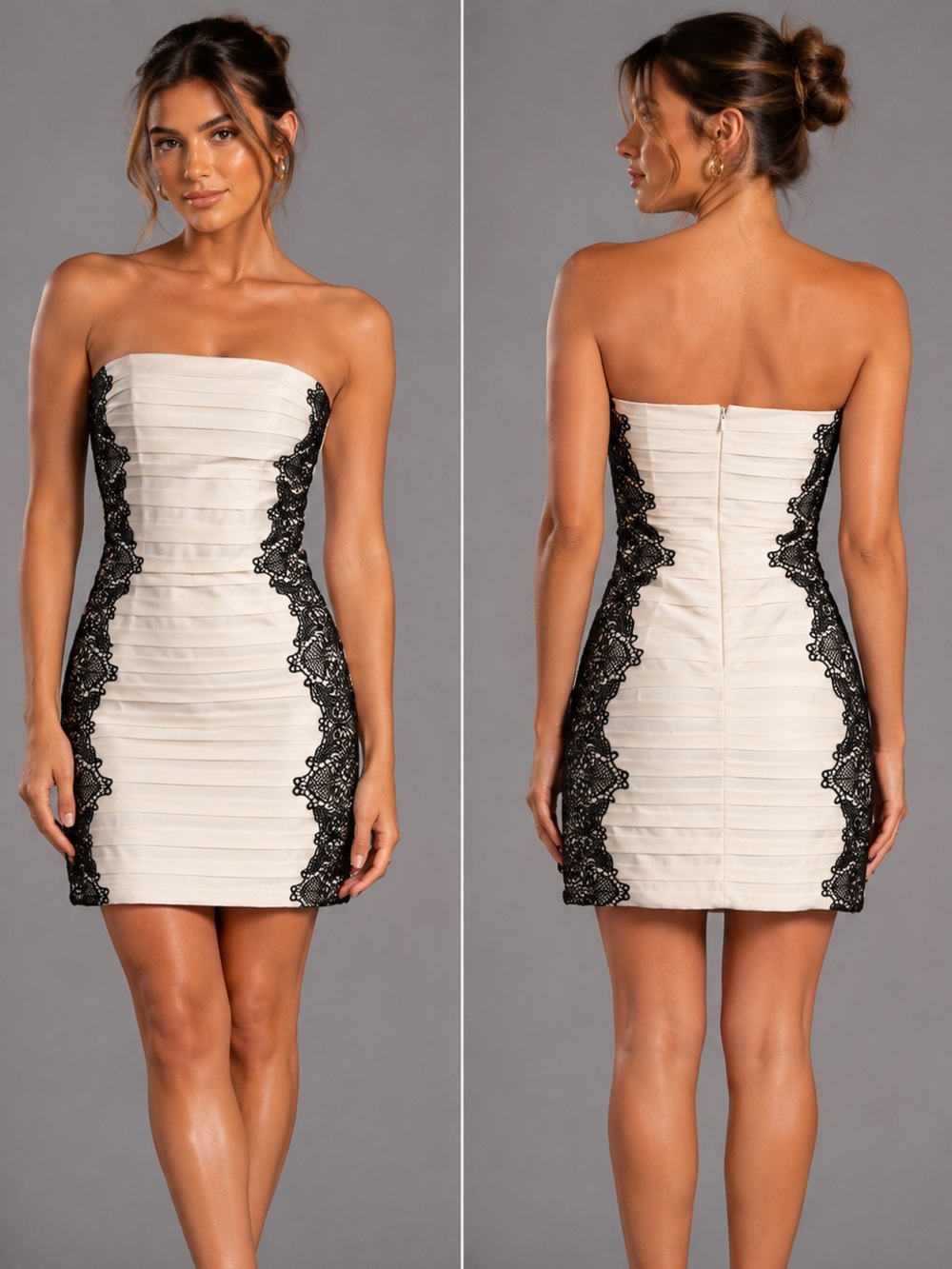 Nikibiki Cream Strapless Pleated Bodycon Mini Dress Black Lace Trim HOCO L